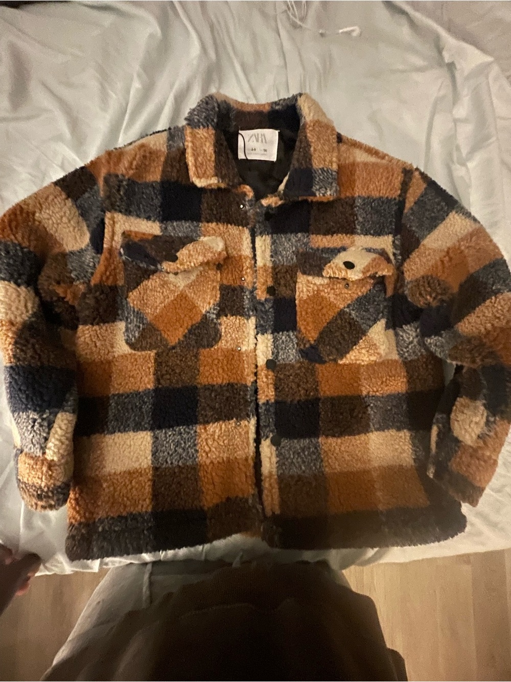 Zara Kids Plaid Sherpa Jacket - Brown, Navy & Cream